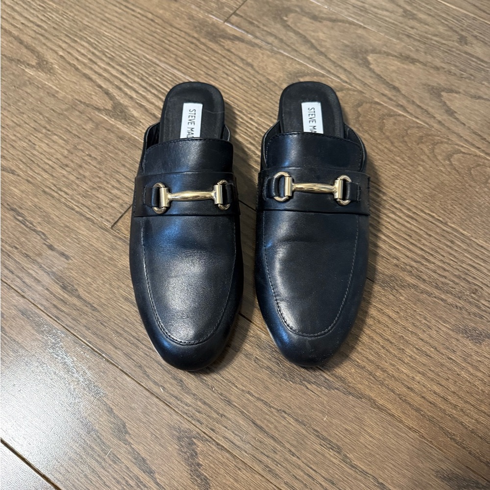 Steve Madden Black Leather Slip-On Horsebit Mules